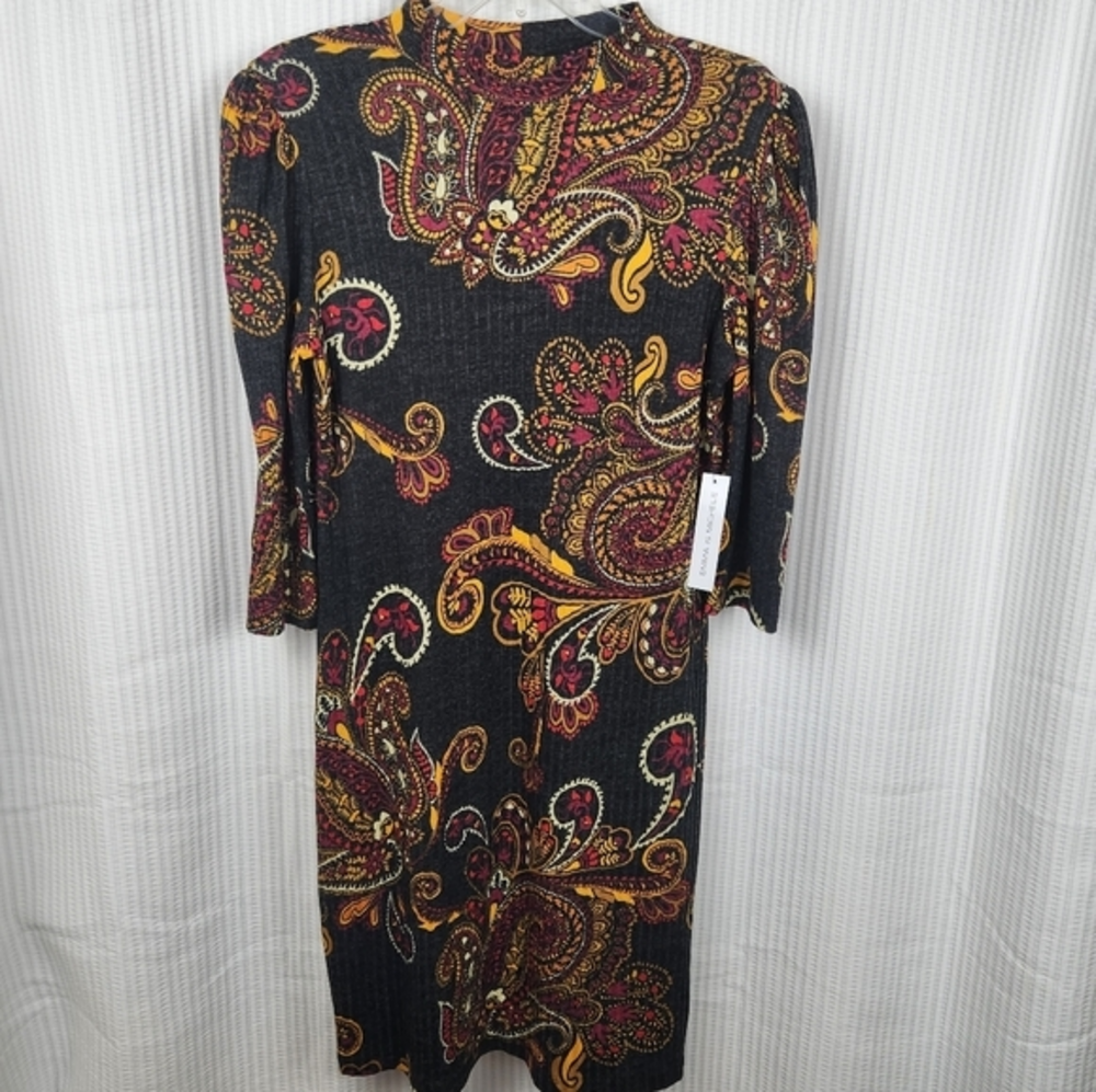 Emma & Michele Paisley Print Ribbed Dress NWT 14P‎ Gray Red Yellow Orange Retro
